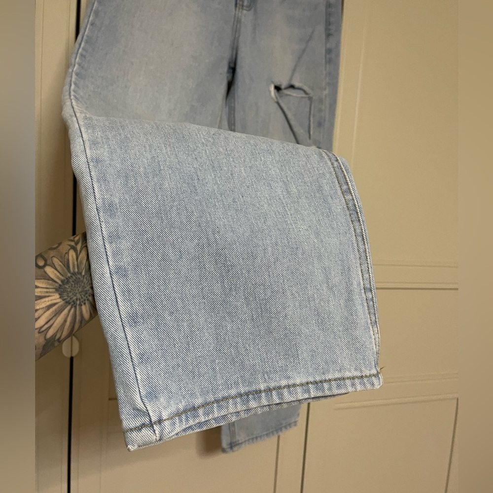 OAK + FORT Light Blue Straight Leg Jeans with Distressed Thigh - Picture 4 of 12
